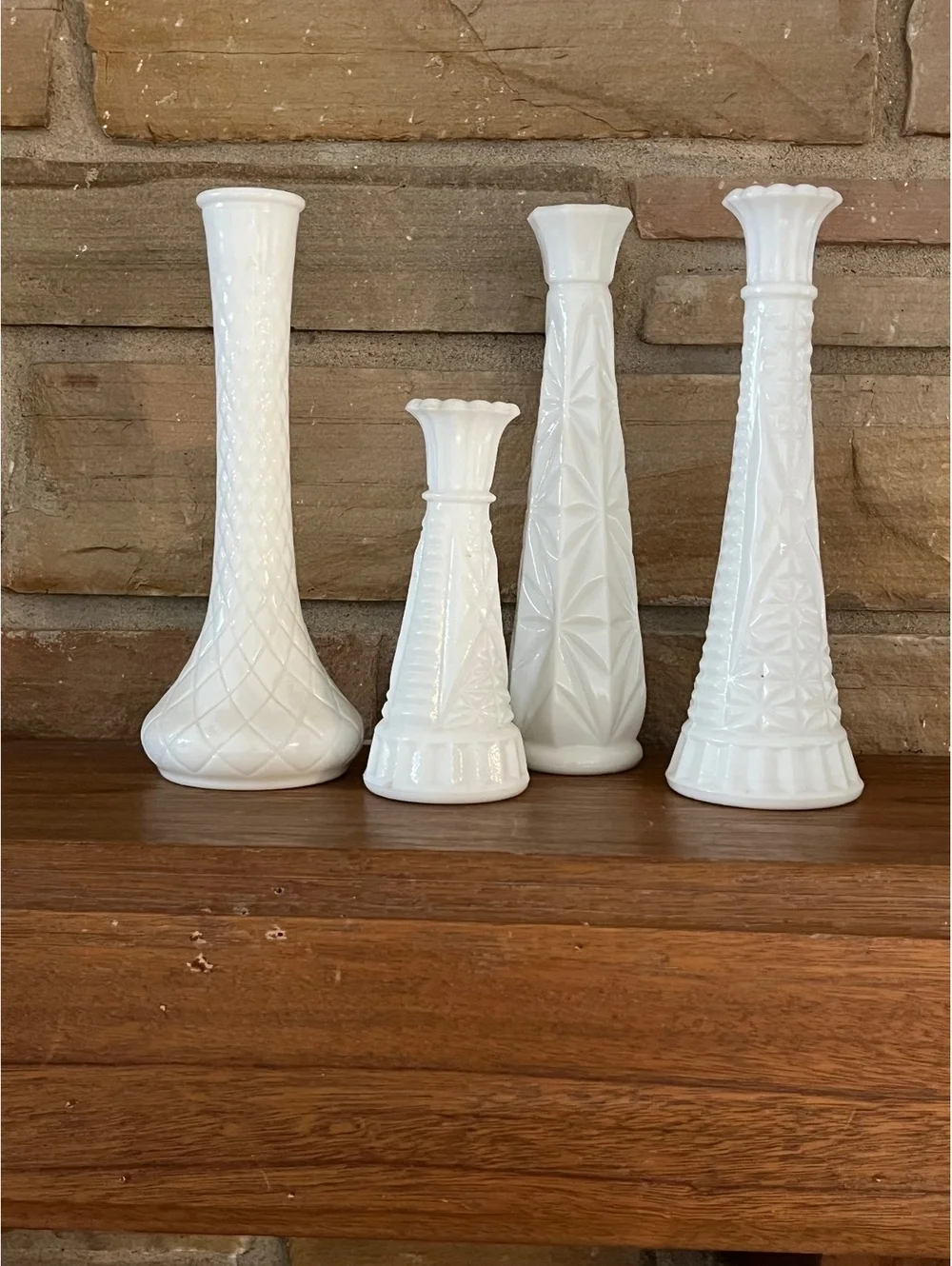 Vintage White Milk Glass Bud Vases with Textured Patterns